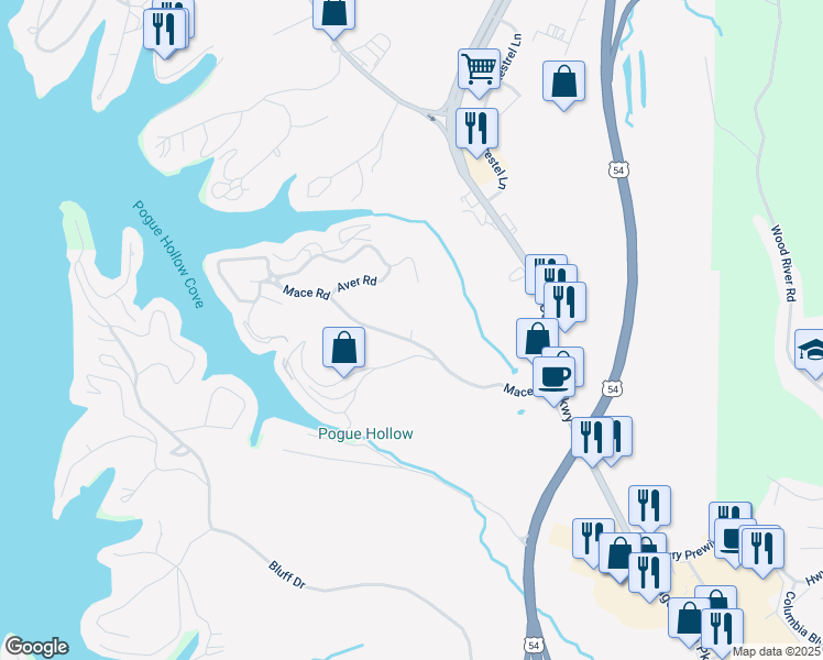 map of restaurants, bars, coffee shops, grocery stores, and more near Timberidge Dr in Osage Beach
