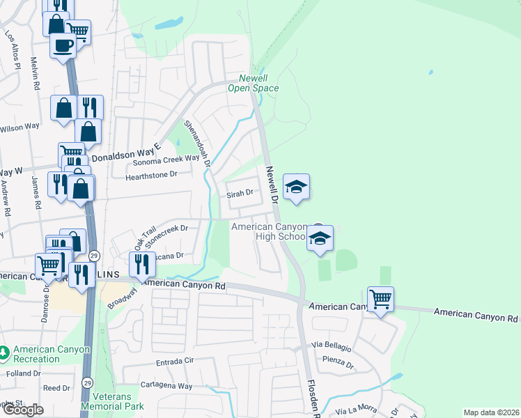 map of restaurants, bars, coffee shops, grocery stores, and more near 66 Oakstone Way in American Canyon