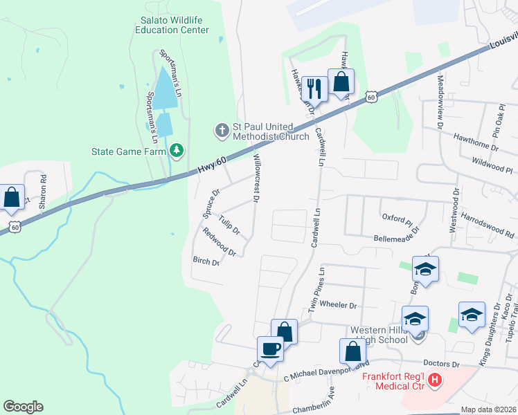 map of restaurants, bars, coffee shops, grocery stores, and more near 203 Willowcrest Drive in Frankfort