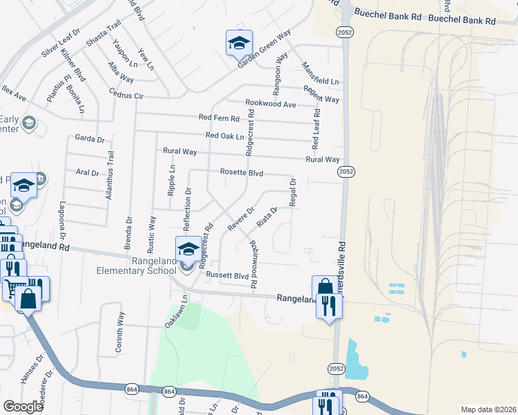 map of restaurants, bars, coffee shops, grocery stores, and more near 5501 Revere Drive in Louisville