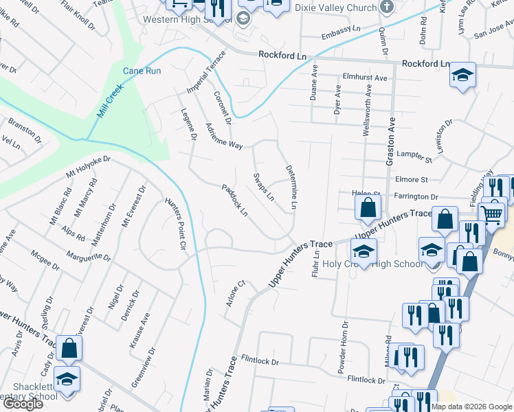 map of restaurants, bars, coffee shops, grocery stores, and more near 2430 Weber Lane in Louisville