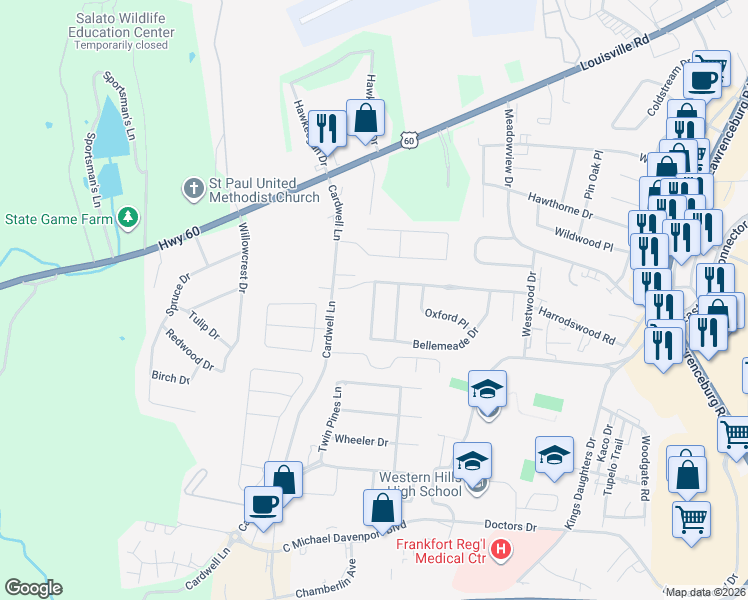map of restaurants, bars, coffee shops, grocery stores, and more near 105 Cave Run Drive in Frankfort