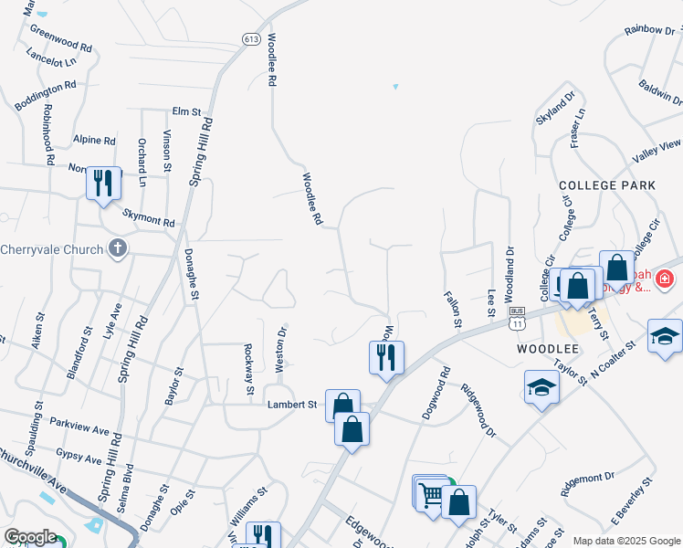 map of restaurants, bars, coffee shops, grocery stores, and more near 62 Woodlee Road in Staunton