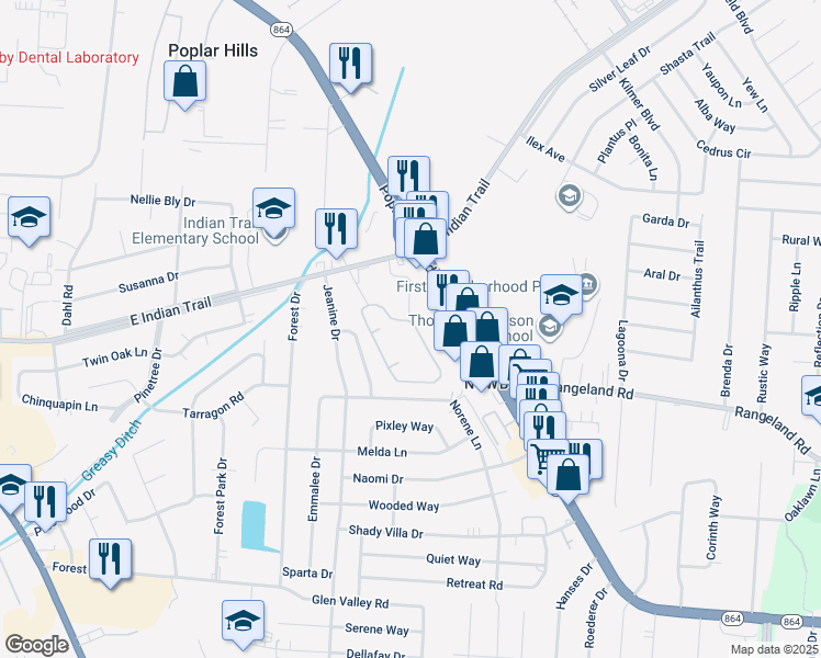 map of restaurants, bars, coffee shops, grocery stores, and more near 5514 Indian Oaks Circle in Louisville