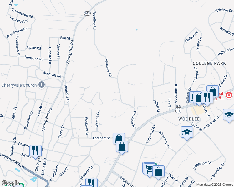 map of restaurants, bars, coffee shops, grocery stores, and more near 68 Woodlee Road in Staunton