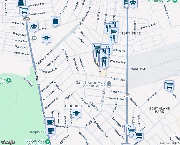 map of restaurants, bars, coffee shops, grocery stores, and more near 5416 Nimitz Court in Louisville