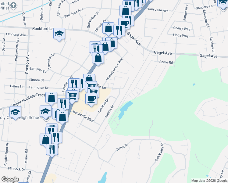 map of restaurants, bars, coffee shops, grocery stores, and more near 4900 Invicta Drive in Louisville