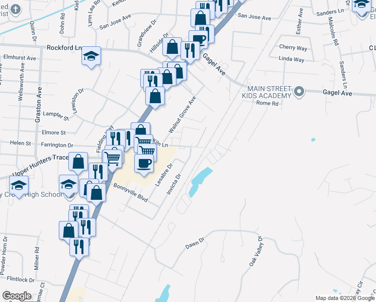 map of restaurants, bars, coffee shops, grocery stores, and more near 4900 Invicta Drive in Louisville