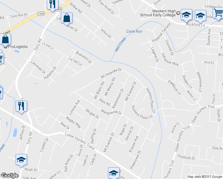 map of restaurants, bars, coffee shops, grocery stores, and more near 5209 Mount Marcy Road in Louisville