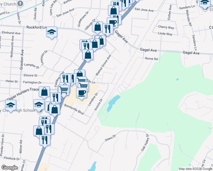 map of restaurants, bars, coffee shops, grocery stores, and more near 4900 Invicta Drive in Louisville