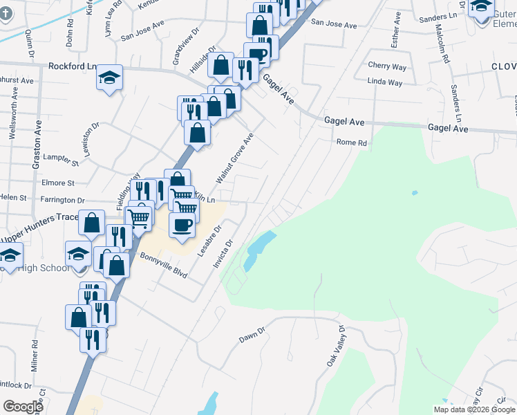 map of restaurants, bars, coffee shops, grocery stores, and more near 1600 Brick Kiln Lane in Louisville