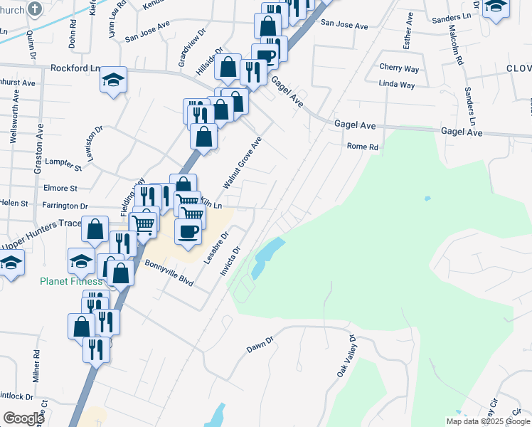 map of restaurants, bars, coffee shops, grocery stores, and more near 1600 Brick Kiln Lane in Louisville