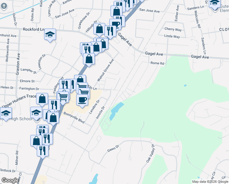 map of restaurants, bars, coffee shops, grocery stores, and more near 1600 Brick Kiln Lane in Louisville