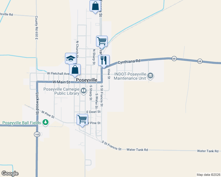 map of restaurants, bars, coffee shops, grocery stores, and more near 14 Vine Street in Poseyville