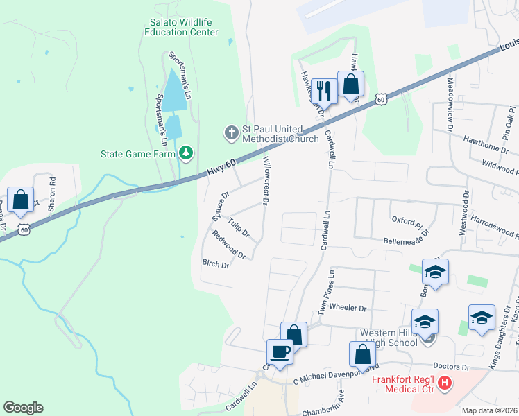 map of restaurants, bars, coffee shops, grocery stores, and more near 203 Willowcrest Drive in Frankfort