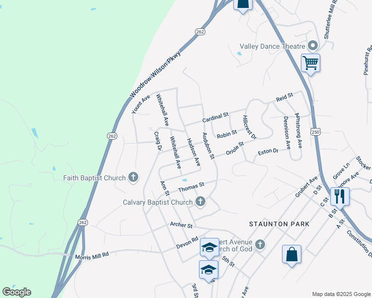 map of restaurants, bars, coffee shops, grocery stores, and more near 204 Burnley Drive in Staunton