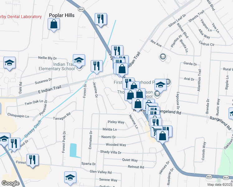 map of restaurants, bars, coffee shops, grocery stores, and more near 5514 Indian Oaks Circle in Louisville