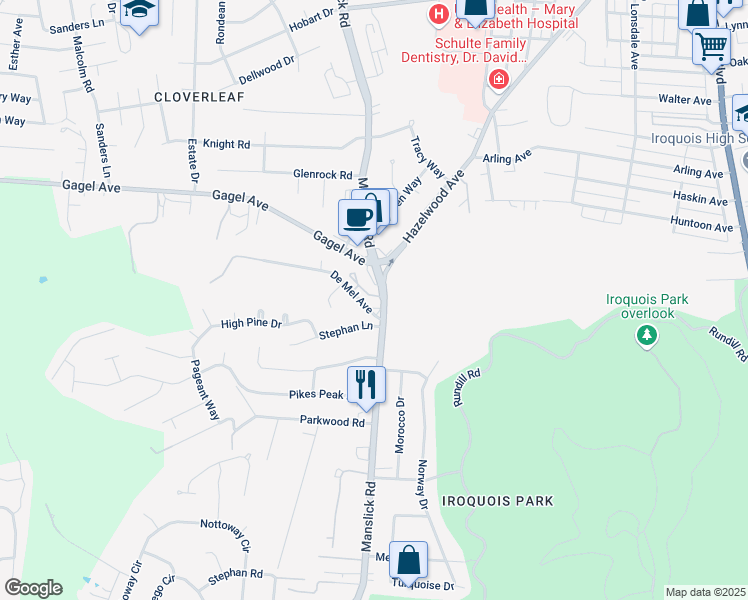 map of restaurants, bars, coffee shops, grocery stores, and more near 2200 Rosewood Way in Louisville