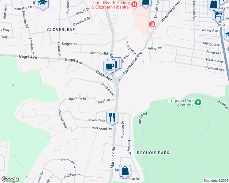 map of restaurants, bars, coffee shops, grocery stores, and more near 2200 Rosewood Way in Louisville