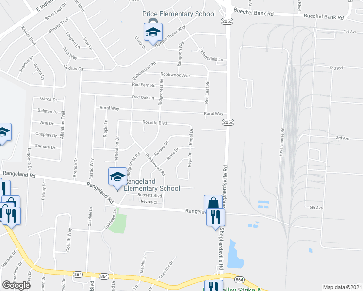 map of restaurants, bars, coffee shops, grocery stores, and more near 5406 Riata Drive in Louisville