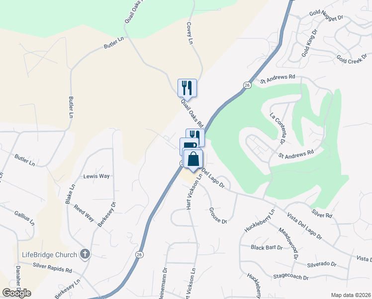 map of restaurants, bars, coffee shops, grocery stores, and more near 17 Vista Del Lago Dr in Valley Springs