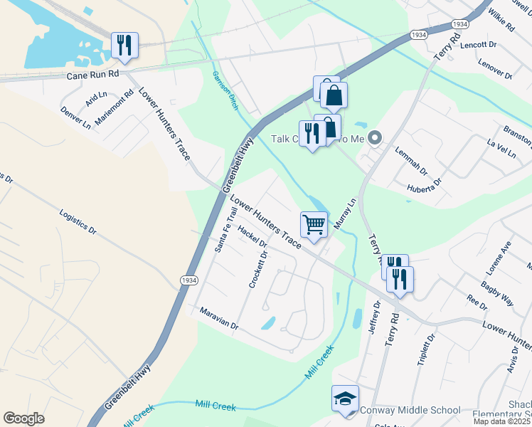 map of restaurants, bars, coffee shops, grocery stores, and more near 6503 Lower Hunters Trace in Louisville