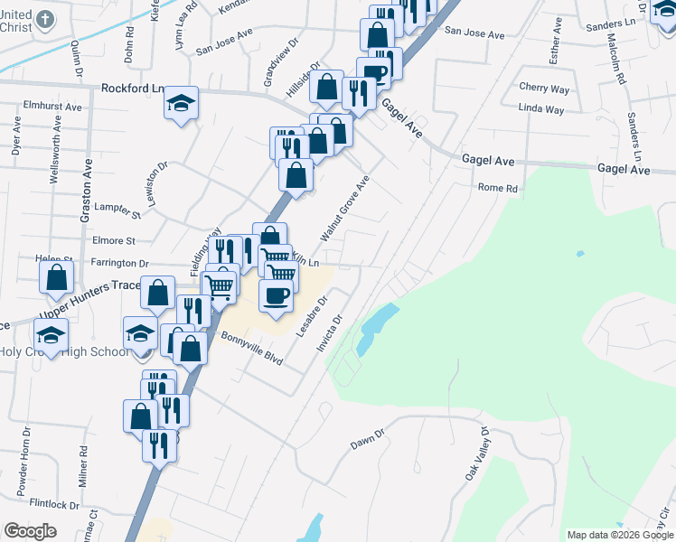 map of restaurants, bars, coffee shops, grocery stores, and more near 4910 Lesabre Drive in Louisville