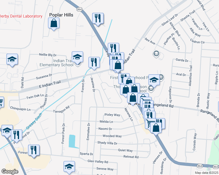 map of restaurants, bars, coffee shops, grocery stores, and more near 5514 Indian Oaks Circle in Louisville