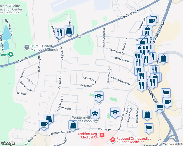 map of restaurants, bars, coffee shops, grocery stores, and more near 378 Harrodswood Road in Frankfort