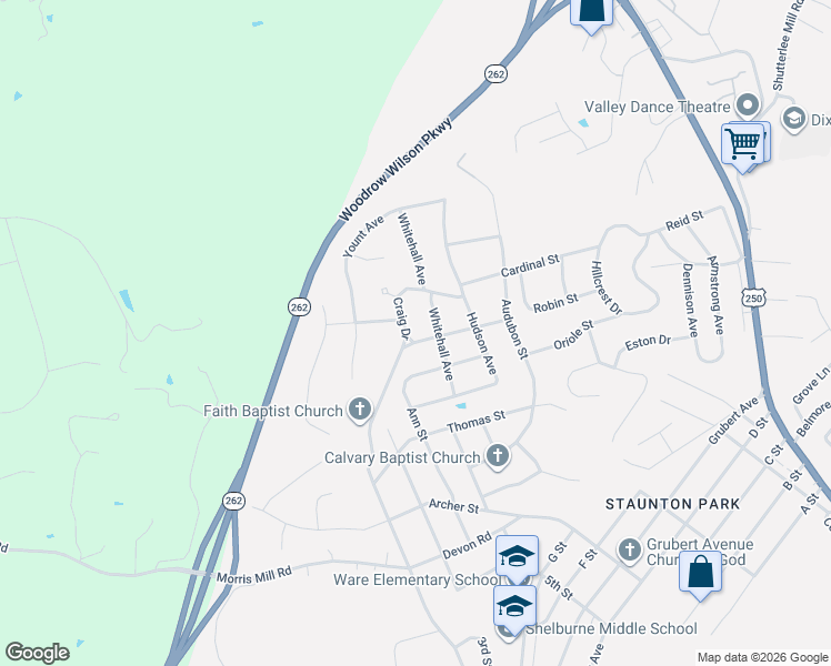 map of restaurants, bars, coffee shops, grocery stores, and more near 305 Burnley Drive in Staunton