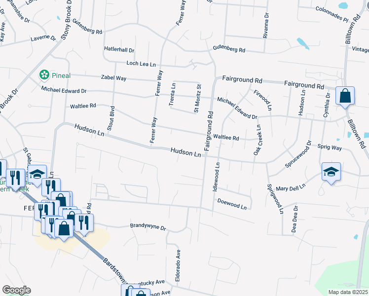 map of restaurants, bars, coffee shops, grocery stores, and more near 9203 Hudson Lane in Louisville