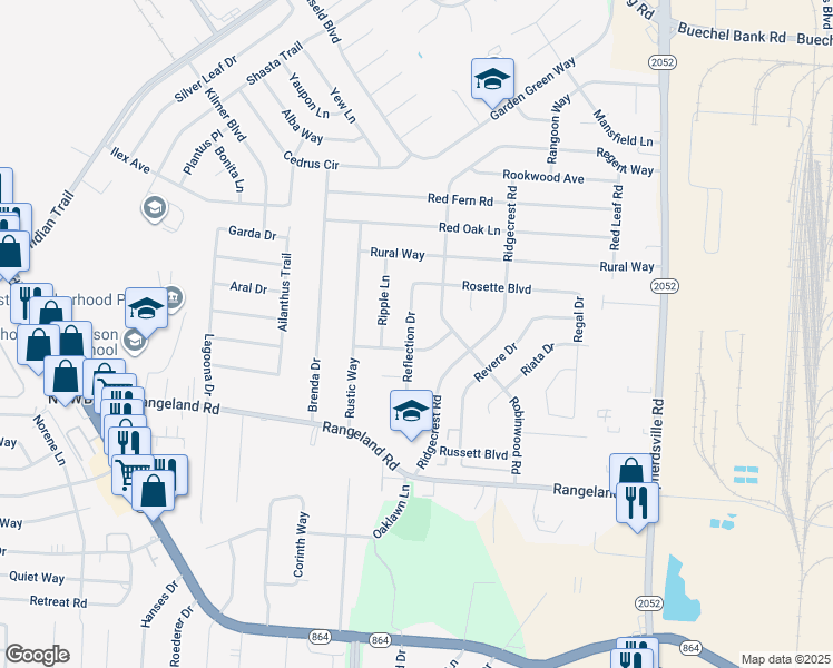 map of restaurants, bars, coffee shops, grocery stores, and more near 5518 Reflection Drive in Louisville