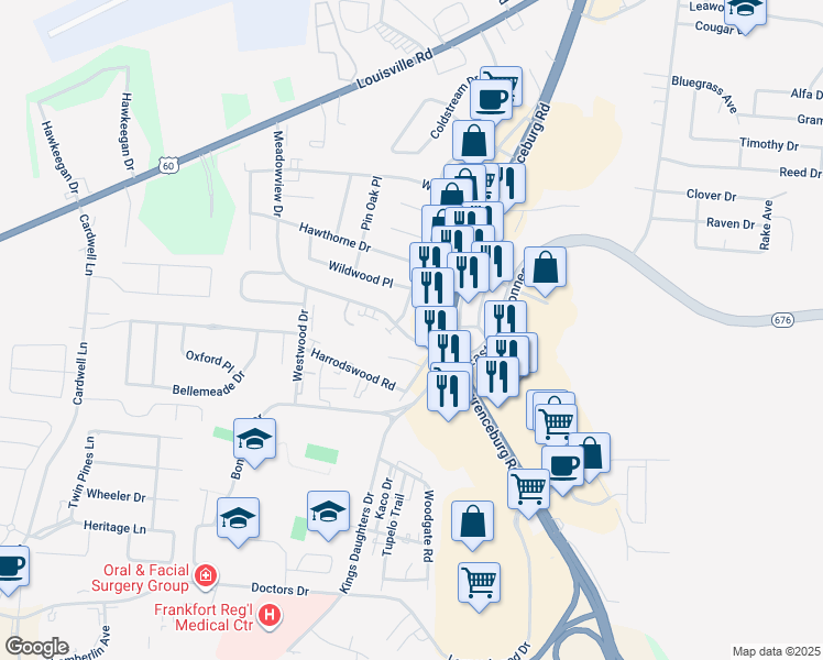 map of restaurants, bars, coffee shops, grocery stores, and more near 262 Meadowview Drive in Frankfort