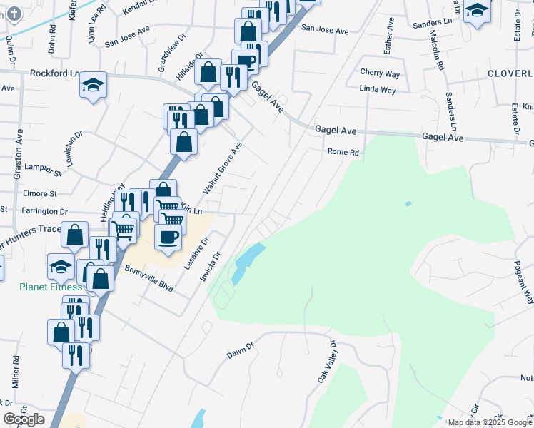 map of restaurants, bars, coffee shops, grocery stores, and more near 1600 Brick Kiln Lane in Louisville