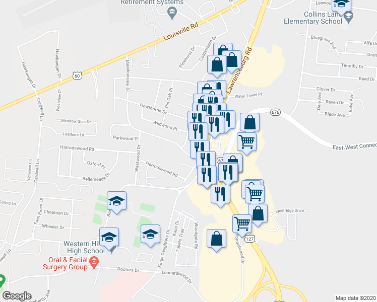 map of restaurants, bars, coffee shops, grocery stores, and more near 261 Meadowview Drive in Frankfort