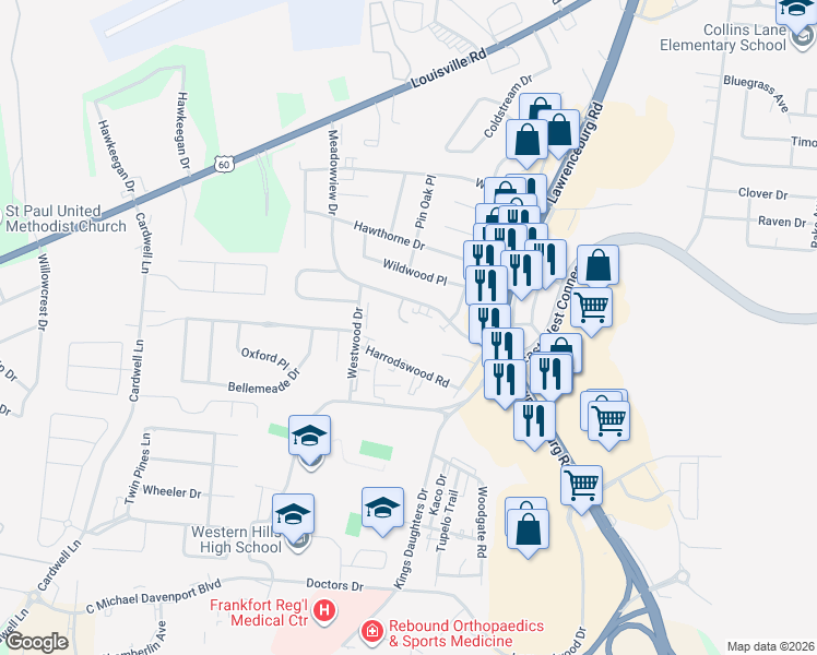 map of restaurants, bars, coffee shops, grocery stores, and more near 244 Meadowview Drive in Frankfort