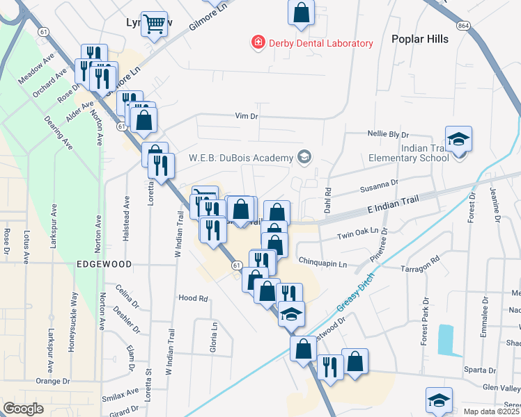 map of restaurants, bars, coffee shops, grocery stores, and more near 3300 Warwickshire Court in Louisville