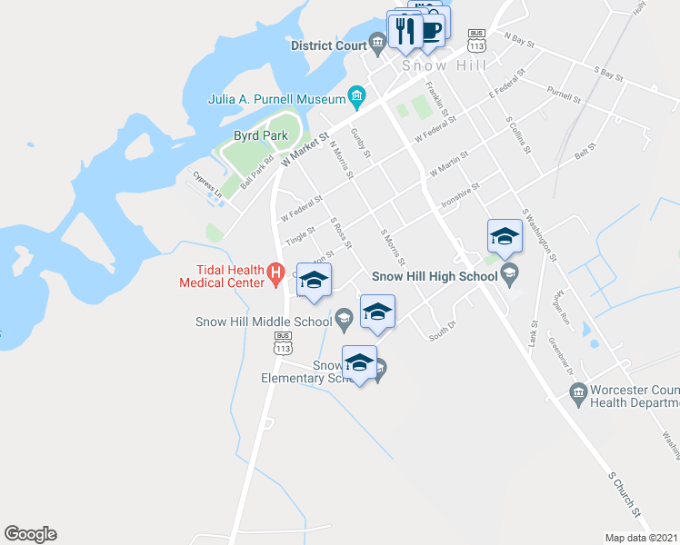 map of restaurants, bars, coffee shops, grocery stores, and more near 500 Maple Street in Snow Hill