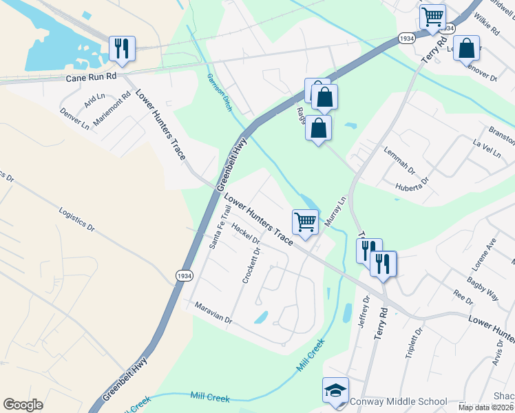 map of restaurants, bars, coffee shops, grocery stores, and more near 6503 Lower Hunters Trace in Louisville