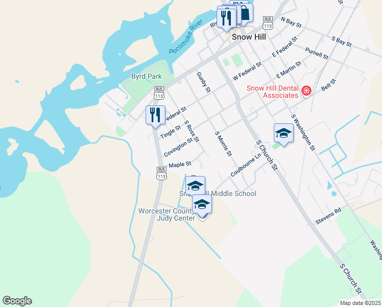 map of restaurants, bars, coffee shops, grocery stores, and more near 500 Maple Street in Snow Hill