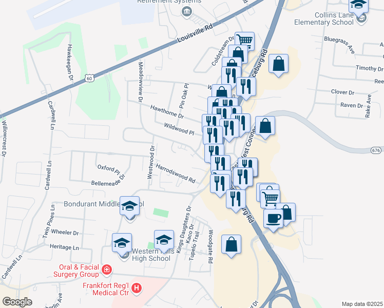 map of restaurants, bars, coffee shops, grocery stores, and more near 262 Meadowview Drive in Frankfort