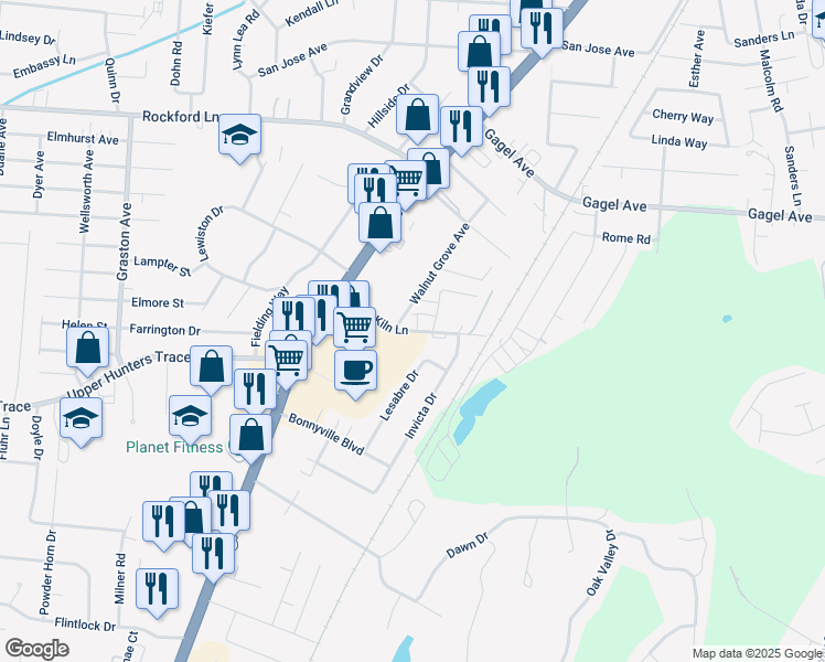 map of restaurants, bars, coffee shops, grocery stores, and more near Brick Kiln Lane in Louisville