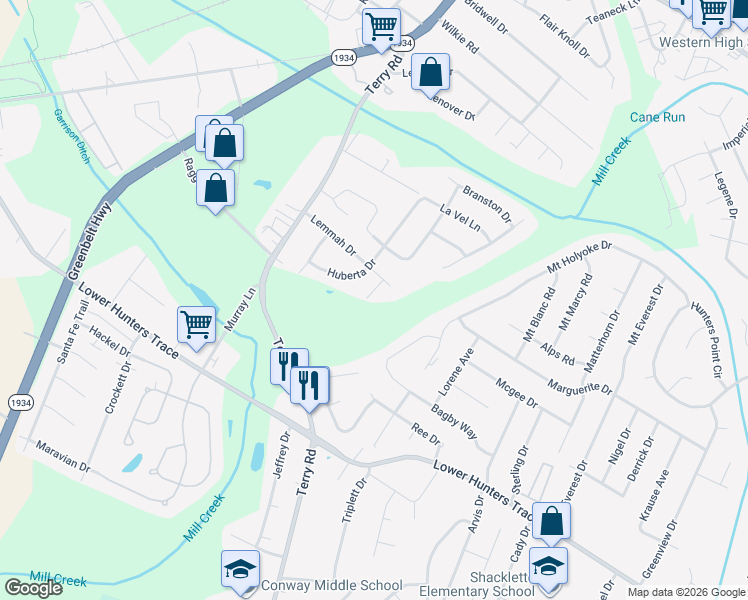 map of restaurants, bars, coffee shops, grocery stores, and more near 5107 Harvest Drive in Louisville