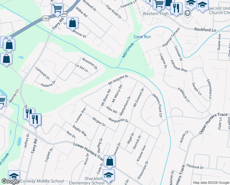 map of restaurants, bars, coffee shops, grocery stores, and more near 5209 Mount Marcy Road in Louisville