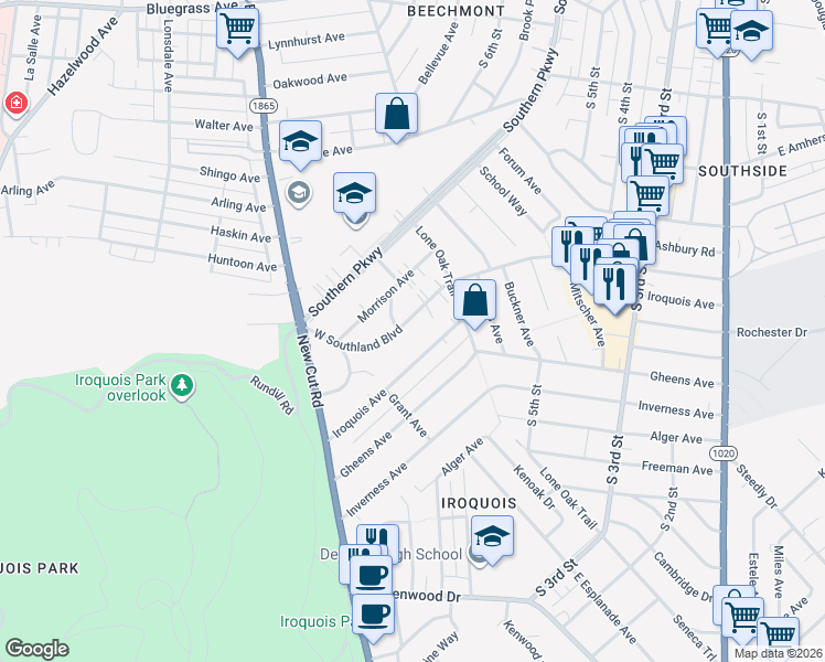 map of restaurants, bars, coffee shops, grocery stores, and more near 5703 West Southland Boulevard in Louisville