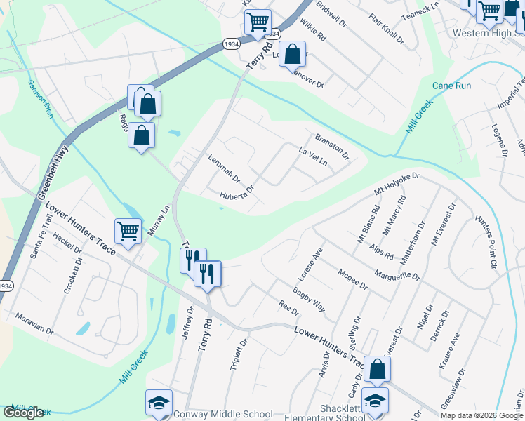 map of restaurants, bars, coffee shops, grocery stores, and more near 5107 Harvest Drive in Louisville