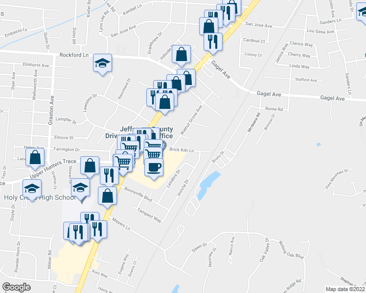 map of restaurants, bars, coffee shops, grocery stores, and more near 1623 Brick Kiln Lane in Louisville