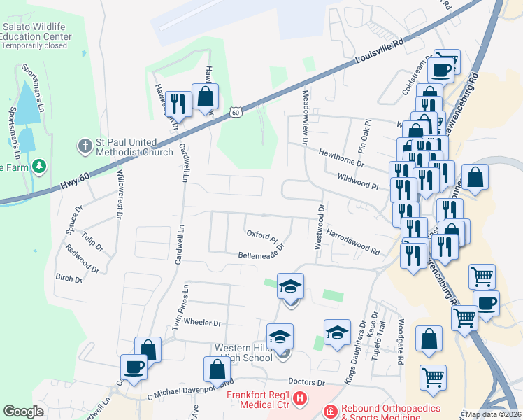 map of restaurants, bars, coffee shops, grocery stores, and more near 378 Harrodswood Road in Frankfort