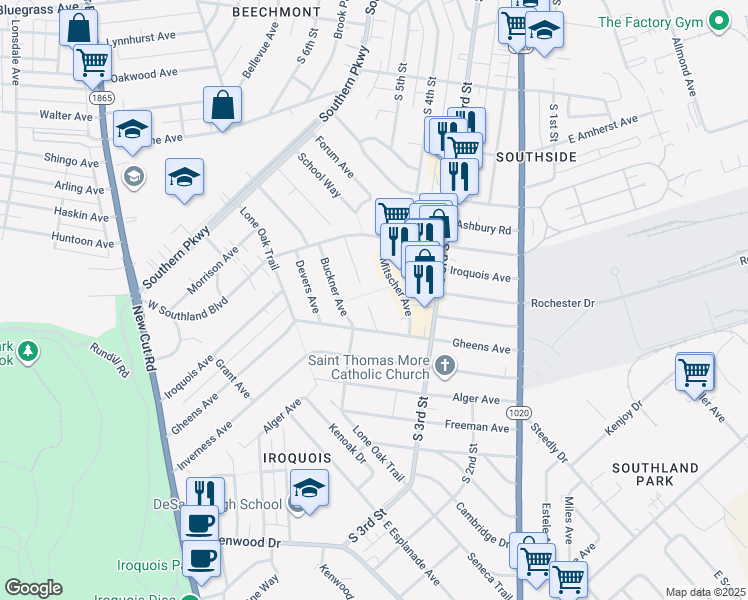 map of restaurants, bars, coffee shops, grocery stores, and more near 5416 Nimitz Court in Louisville