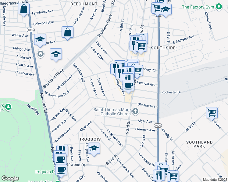 map of restaurants, bars, coffee shops, grocery stores, and more near 5416 Nimitz Court in Louisville